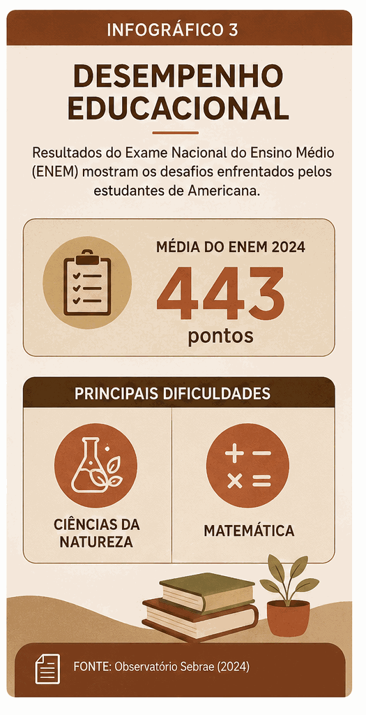 Infográfico sobre o desempenho dos estudantes de Americana no ENEM 2024